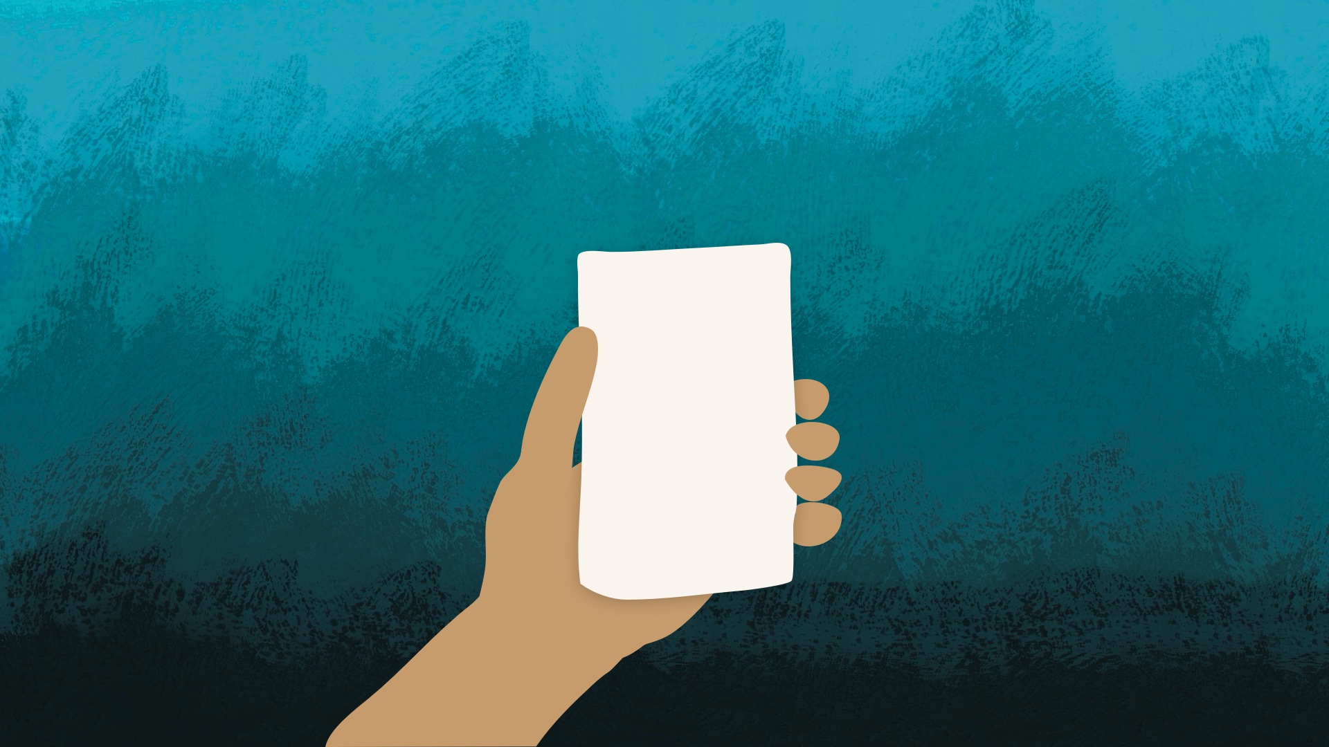 A drawing of a person's hand holding a blank phone, in front of an abstract background